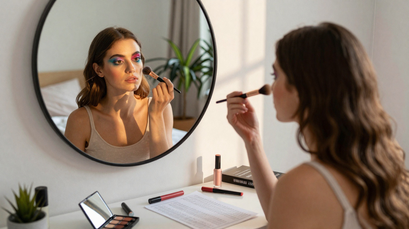 Frau trägt bunte Augen-Make-up auf und benutzt Pinsel vor rundem Spiegel an Schminktisch mit Kosmetik.