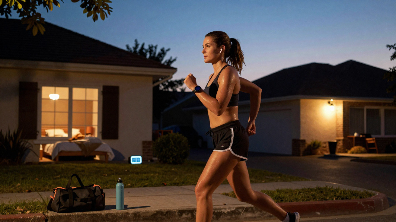 Frau joggt abends in Sportkleidung vor einem Wohnhaus, neben ihr Sporttasche und Wasserflasche auf dem Boden.