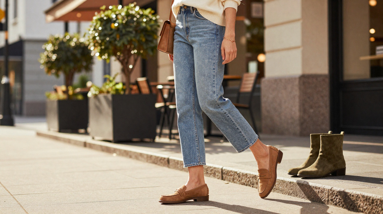 Frau in blauen Jeans und braunen Loafers geht auf Gehweg vor Café, grüne Stiefeletten stehen am Bordstein.
