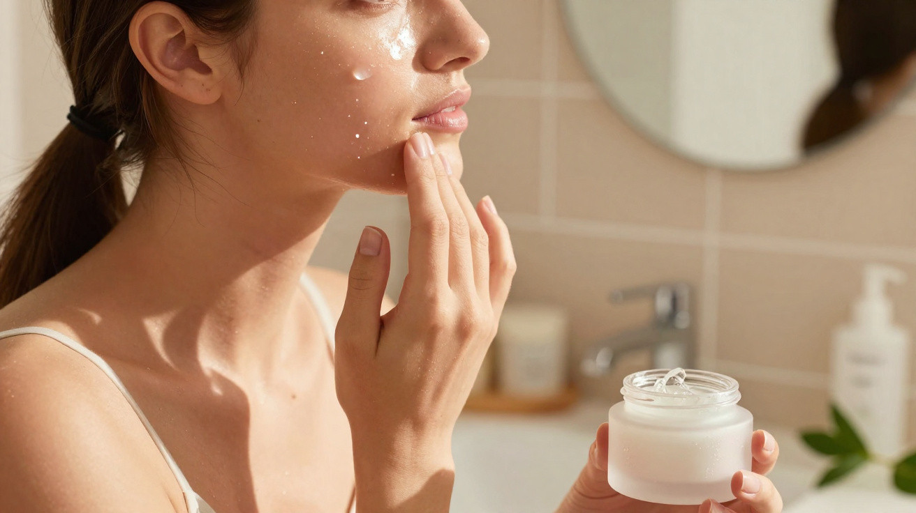 Frau trägt Gesichtspflegecreme auf ihre feuchte Gesichtshaut im Badezimmer auf.