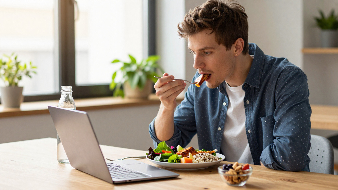 Junger Mann isst Mahlzeit vor Laptop am hellen Holztisch mit Pflanzen im Hintergrund.