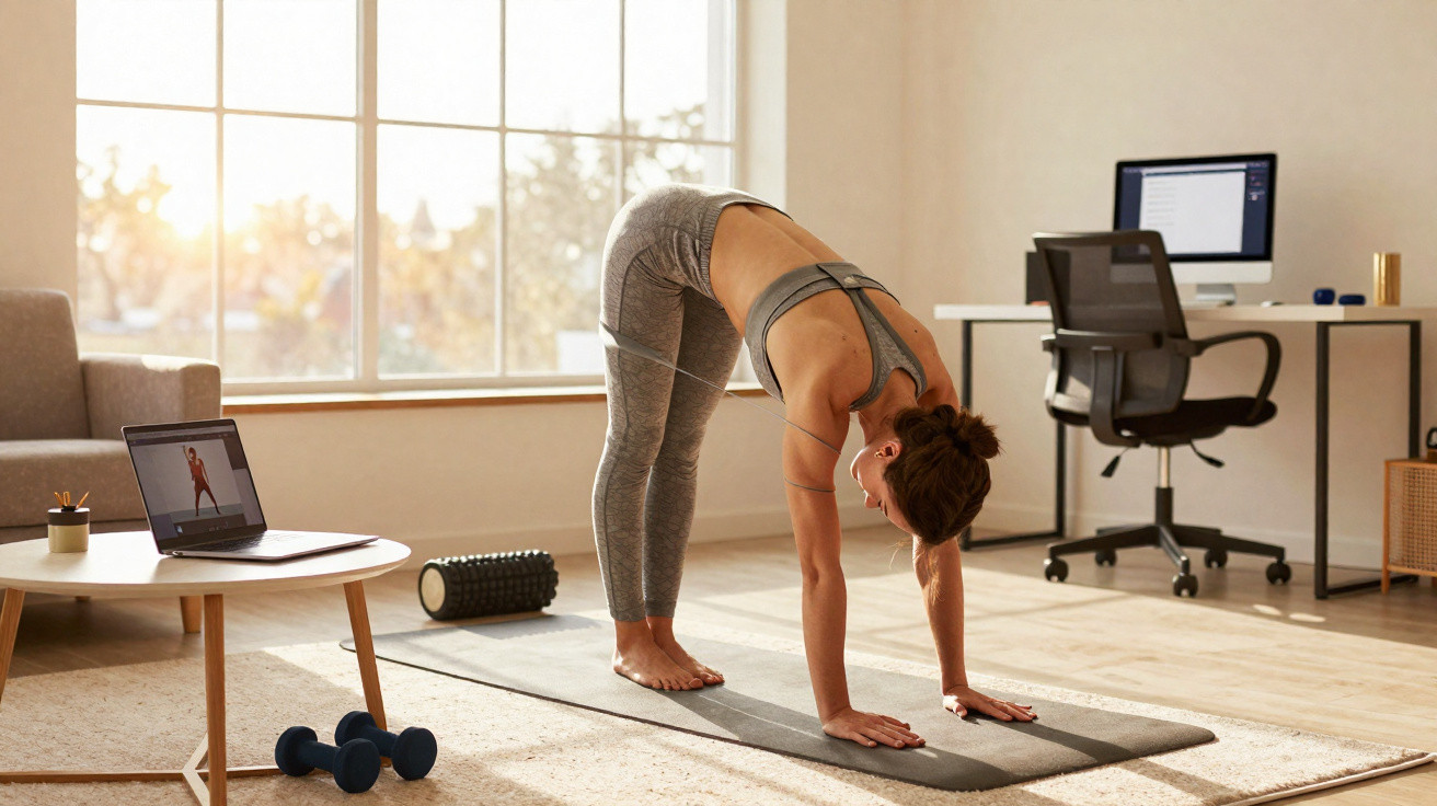 Frau macht Dehnübung auf Yogamatte im Wohnzimmer mit Laptop und Trainingsgerät neben ihr.
