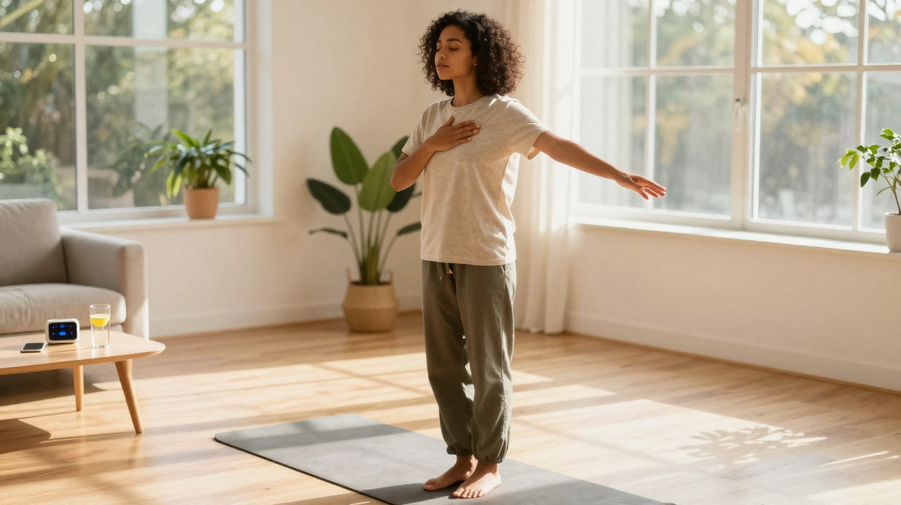 Frau praktiziert Achtsamkeit im Wohnzimmer auf Yogamatte mit einer Hand auf der Brust, Sonnenlicht durch Fenster.