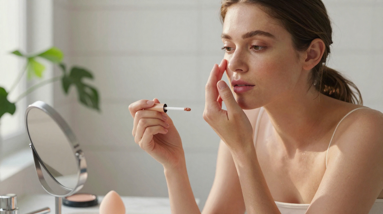 Frau trägt Concealer punktuell im Gesicht auf, sitzt an einem Tisch mit Spiegel und Make-up Produkten.