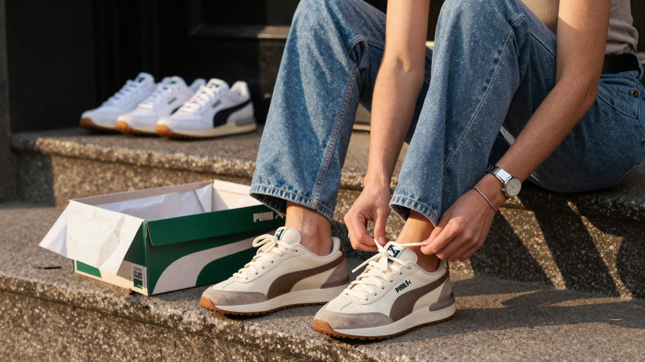 Person schnürt weiße Puma-Sneaker, sitzt auf Treppe, weitere Schuhe und Schuhkarton im Hintergrund sichtbar.