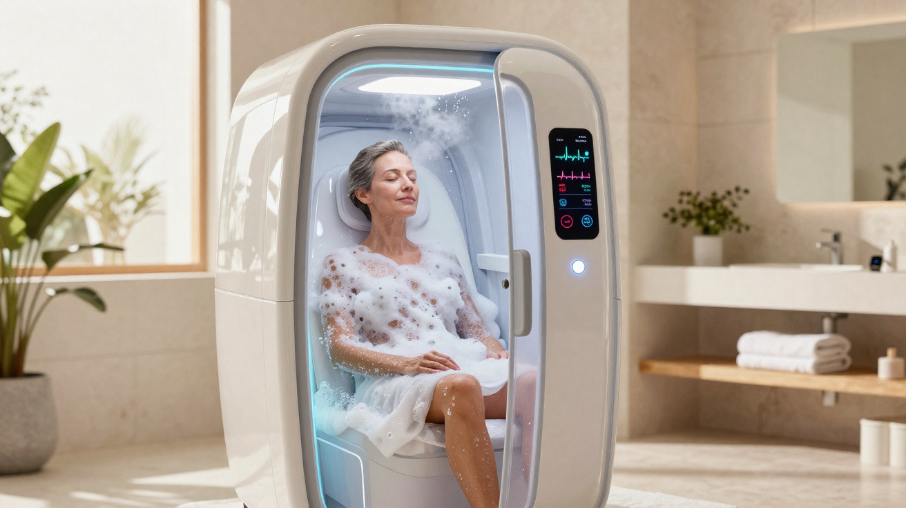 Frau entspannt in moderner Dampfsauna-Kabine mit digitalem Display in hellem Badezimmer.