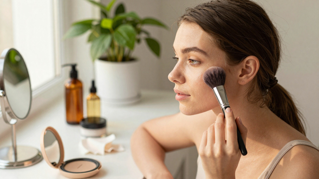 Frau trägt Make-up mit Pinsel auf, sitzend am Tisch mit Spiegel und Pflegeprodukten im Hintergrund.