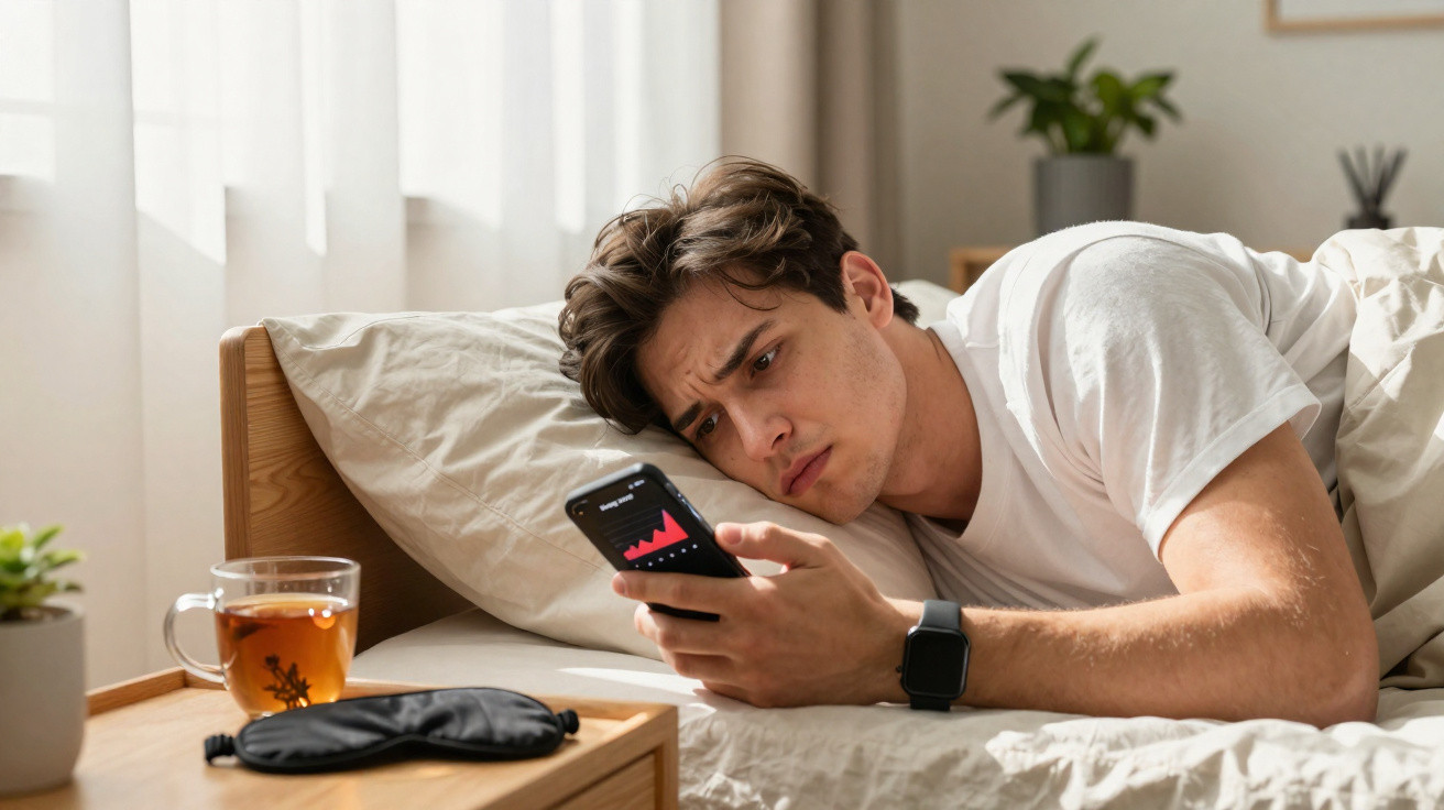 Junger Mann liegt im Bett und schaut besorgt auf ein Smartphone mit einer fallenden Grafik.
