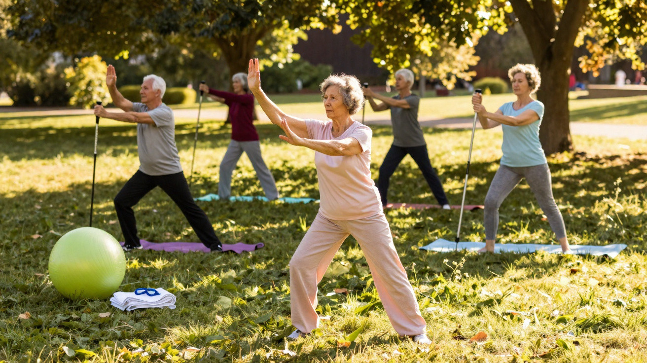 Ältere Menschen üben gemeinsam Tai Chi im Park bei sonnigem Wetter auf grüner Wiese.