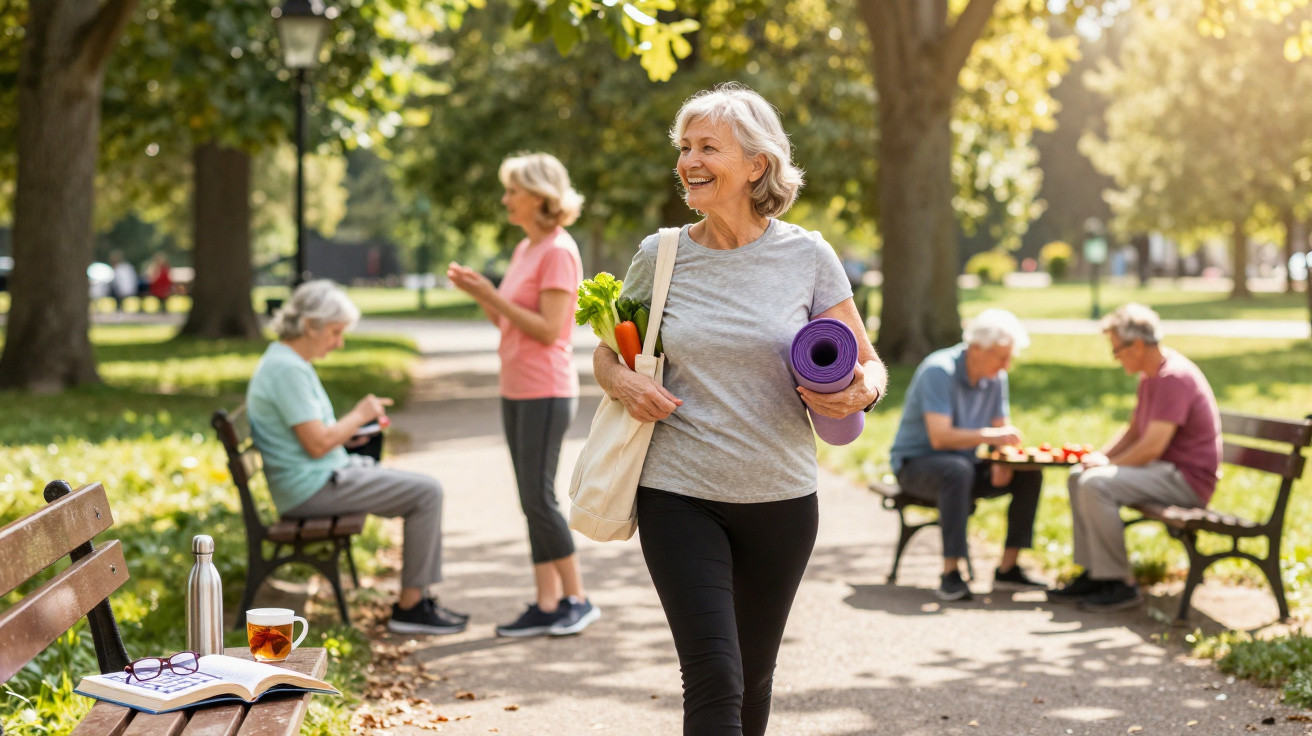 Ältere Frau trägt Yogamatte und Gemüse im Park, im Hintergrund sitzen und unterhalten sich Senioren auf Bänken.