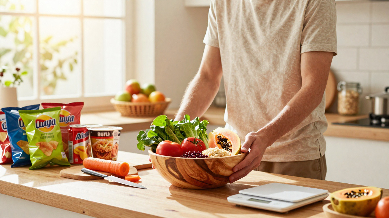 Person bereitet frischen Salat mit Papaya und Gemüse in moderner Küche zu.