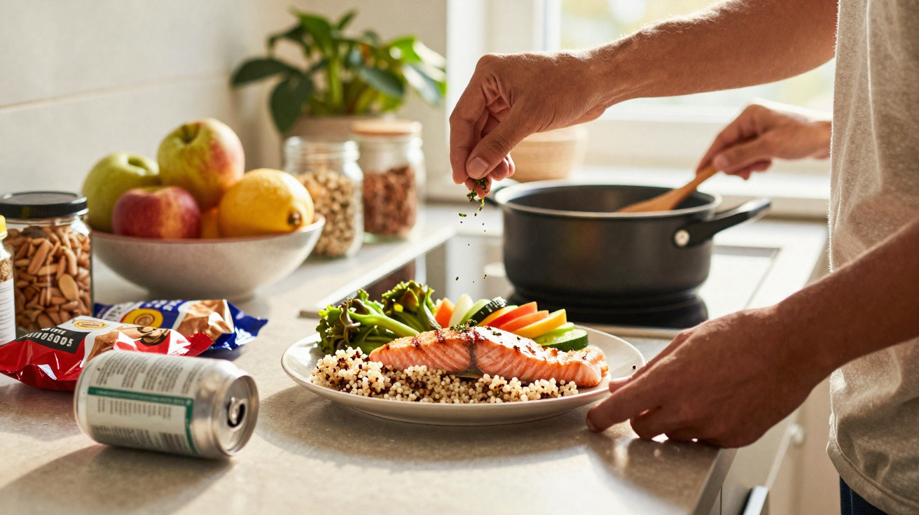 Mann würzt Lachs mit Gemüse und Quinoa auf einem Teller in einer hellen Küche.