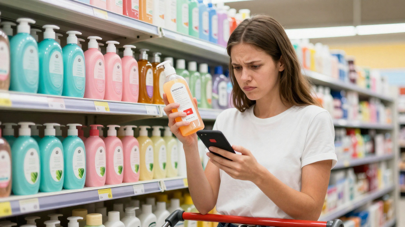 Junge Frau vergleicht Preise von Handseifen im Supermarktregal und schaut dabei auf ihr Smartphone.