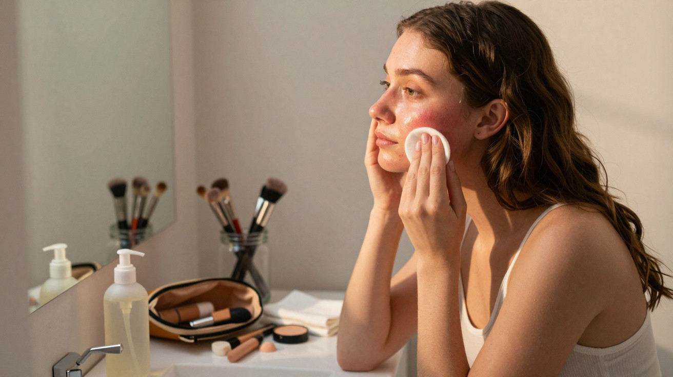Frau reinigt ihr Gesicht mit Wattepad im Bad vor Spiegel mit Make-up und Pinseln auf dem Waschbecken.