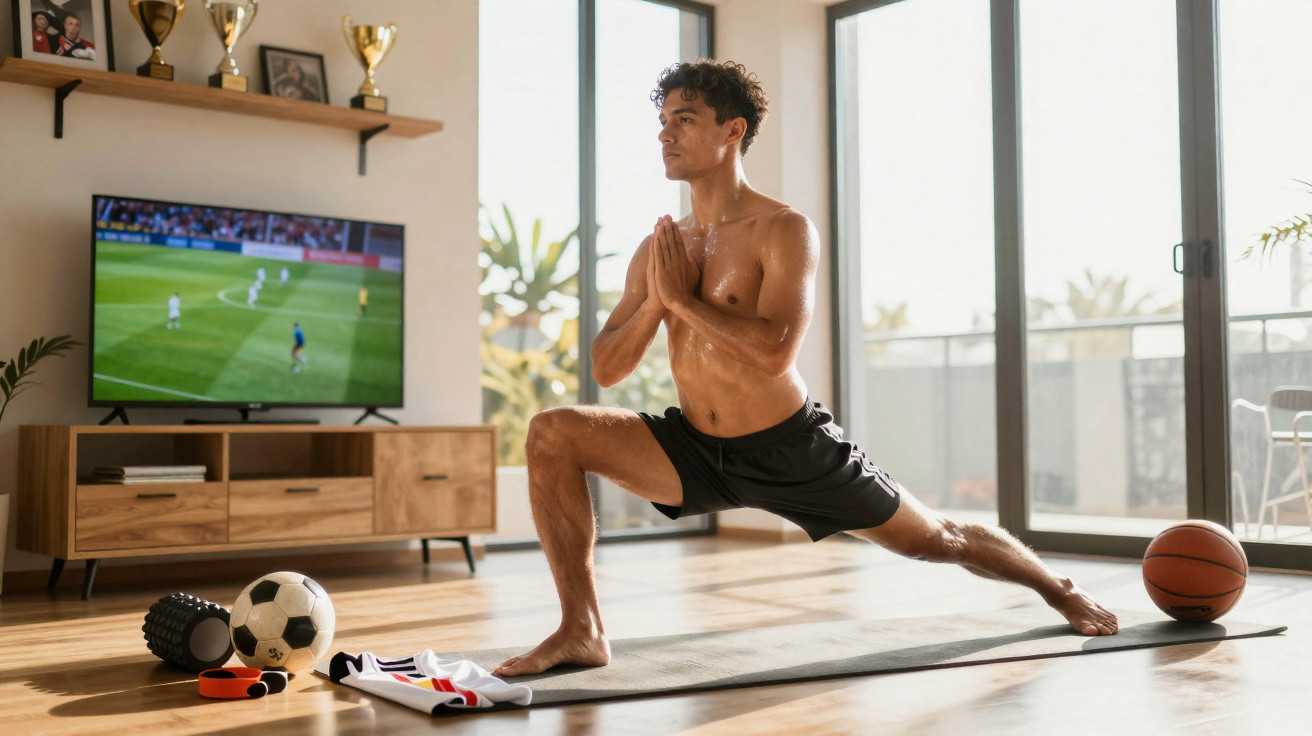 Junger Mann macht Yoga-Dehnübung auf Matte im Wohnzimmer mit Sportgeräten und Fußballspiel im Hintergrund.