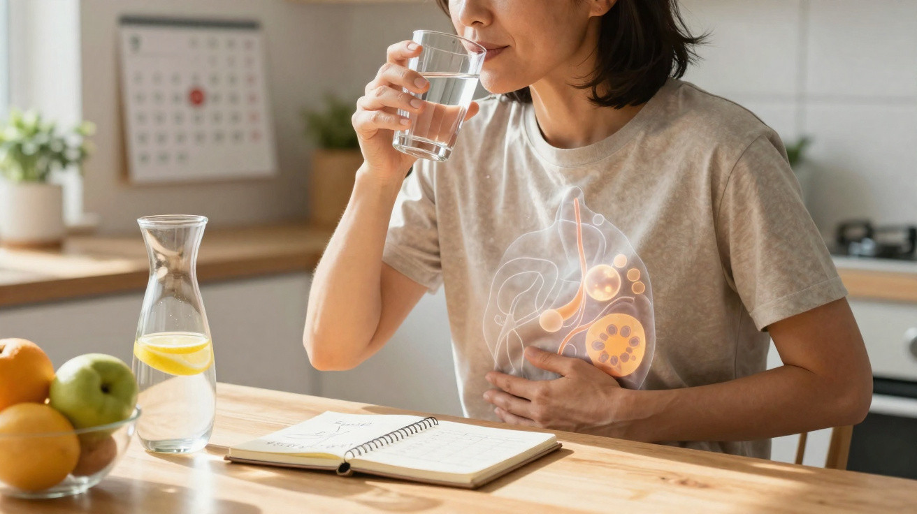 Frau trinkt Wasser, hält Bauch, Verdauungssystem-Illustration sichtbar, sitzend am Küchentisch mit Obst und Notizbuch.