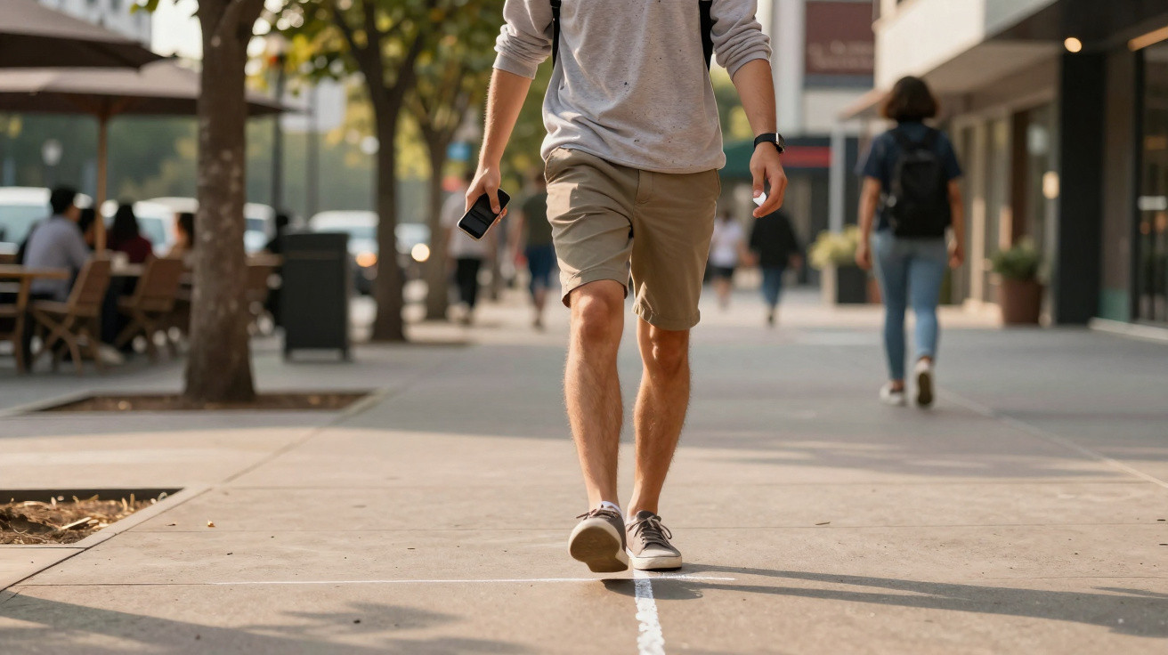 Mann in Shorts und Pullover geht auf Bürgersteig, hält Smartphone in der Hand, im Hintergrund Fußgänger.