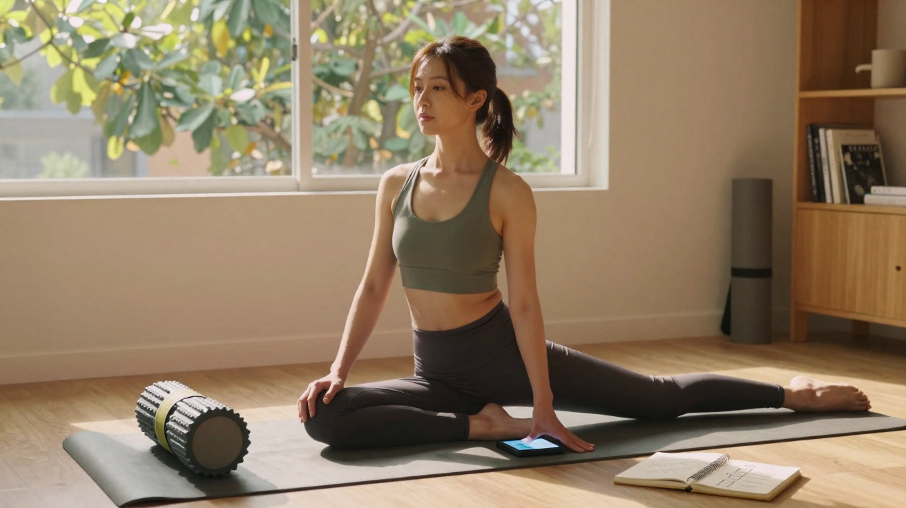 Frau macht Dehnübungen auf Yogamatte im Wohnzimmer, umgeben von Faszienrolle und Notizbuch.