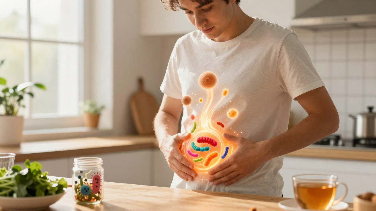 Junger Mann hält Bauch, bunte Darmbakterien-Illustration symbolisiert gesunde Verdauung.