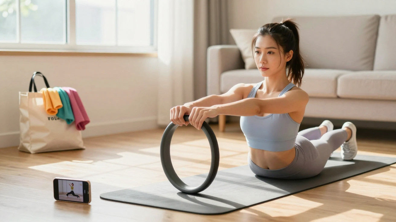 Frau macht zu Hause Yoga mit Yoga-Ring auf Matte, Smartphone zeigt Übungsanleitung, heller Raum mit Sofa und Tasche.