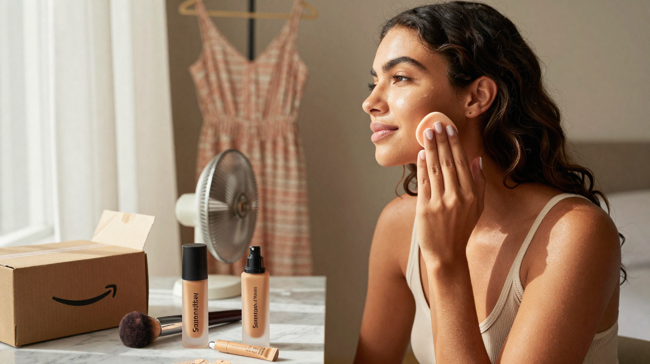 Frau trägt flüssiges Make-up im Gesicht auf, neben Make-up-Produkten und Amazon-Paket auf Tisch.