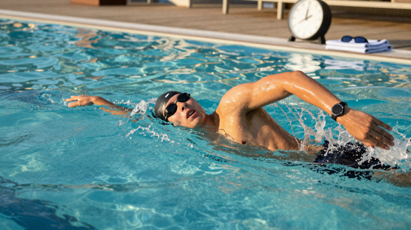 Mann mit Schwimmbrille und Badekappe schwimmt im Pool im Freien, Uhr und Handtuch im Hintergrund.