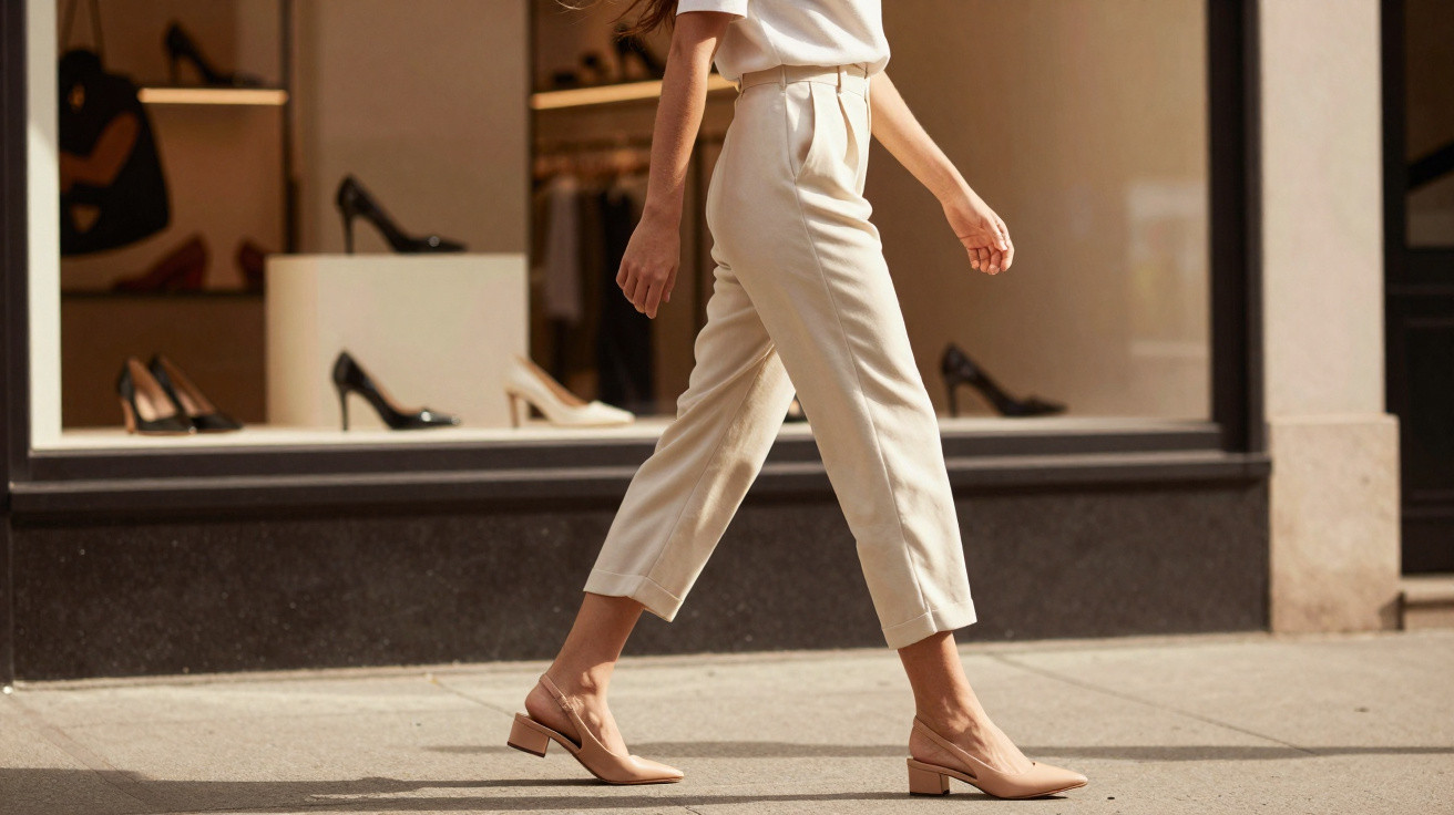 Frau in beiger Hose und nude-farbenen Slingback-Schuhen läuft vor einem Schaufenster mit Damenschuhen.