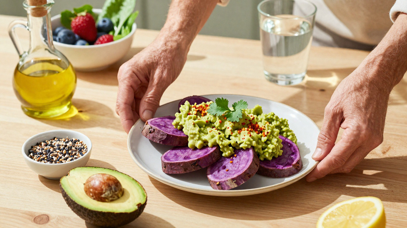 Hände halten Teller mit lila Süßkartoffeln, Guacamole, Sesam, Avocado, Beeren und Olivenöl auf Holztisch.