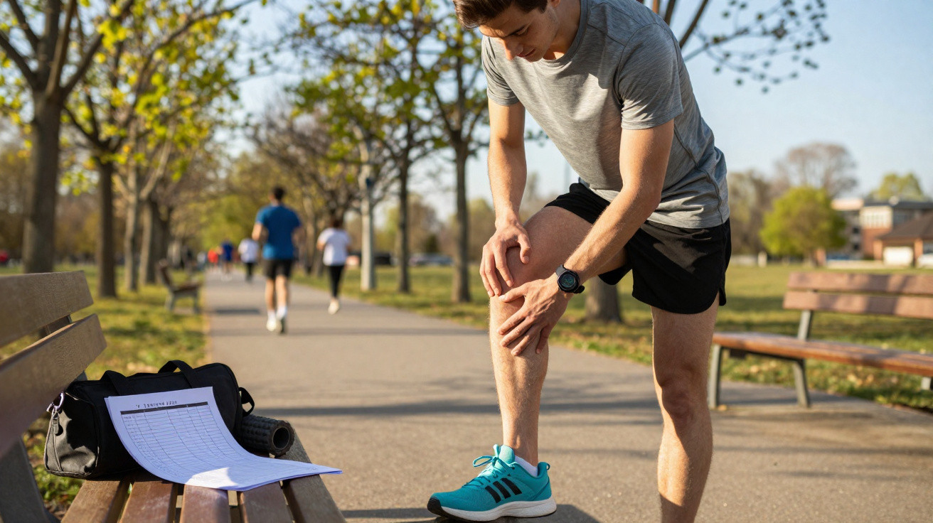 Mann hält sich beim Joggen im Park das schmerzende Knie, Sporttasche mit Trainingsplan auf Bank neben ihm.