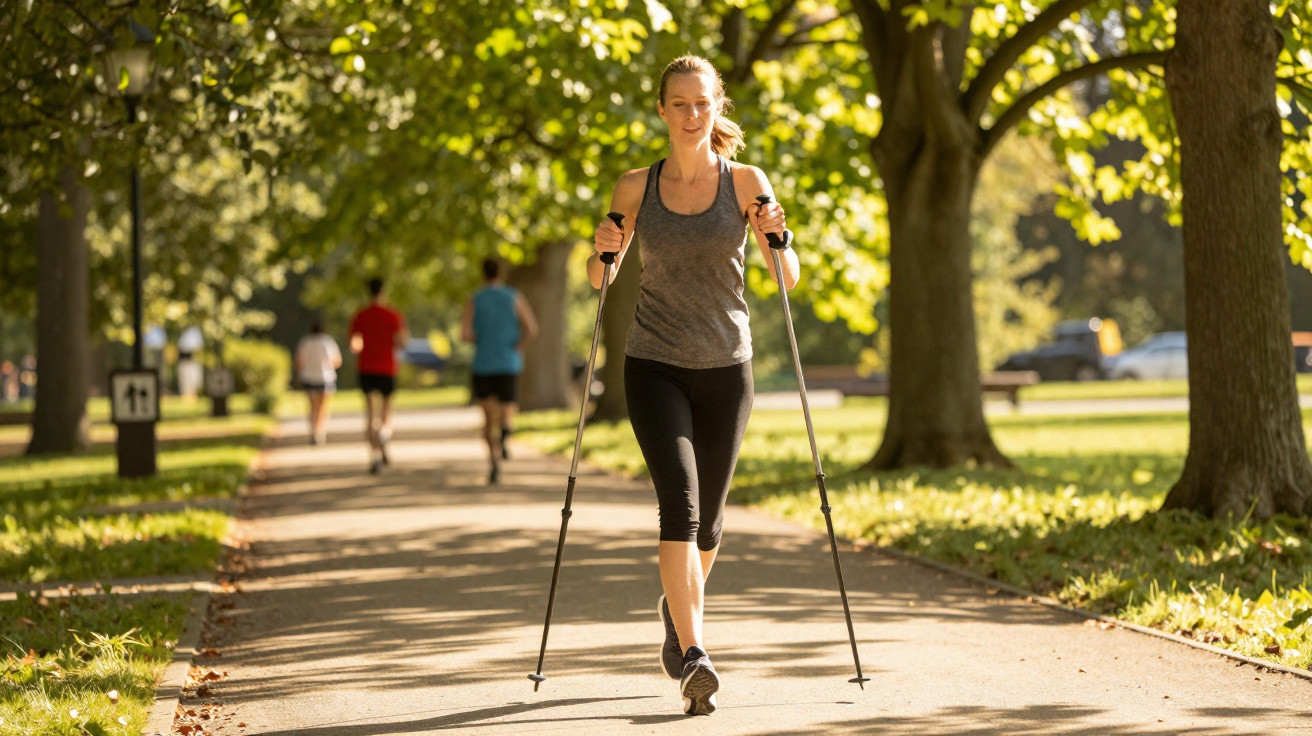 Frau beim Nordic Walking auf sonnigem Parkweg, im Hintergrund joggen mehrere Personen.