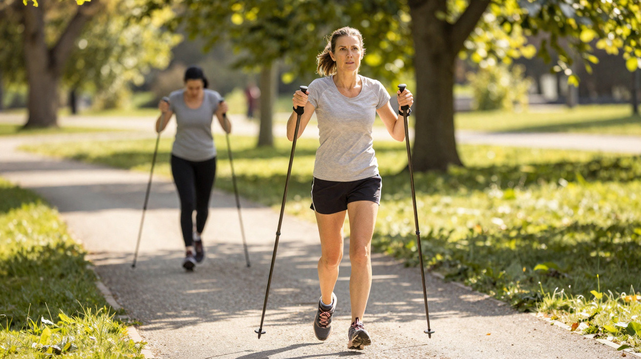 Zwei Frauen beim Nordic Walking auf einem sonnigen Parkweg, umgeben von grünen Bäumen und Wiesen.