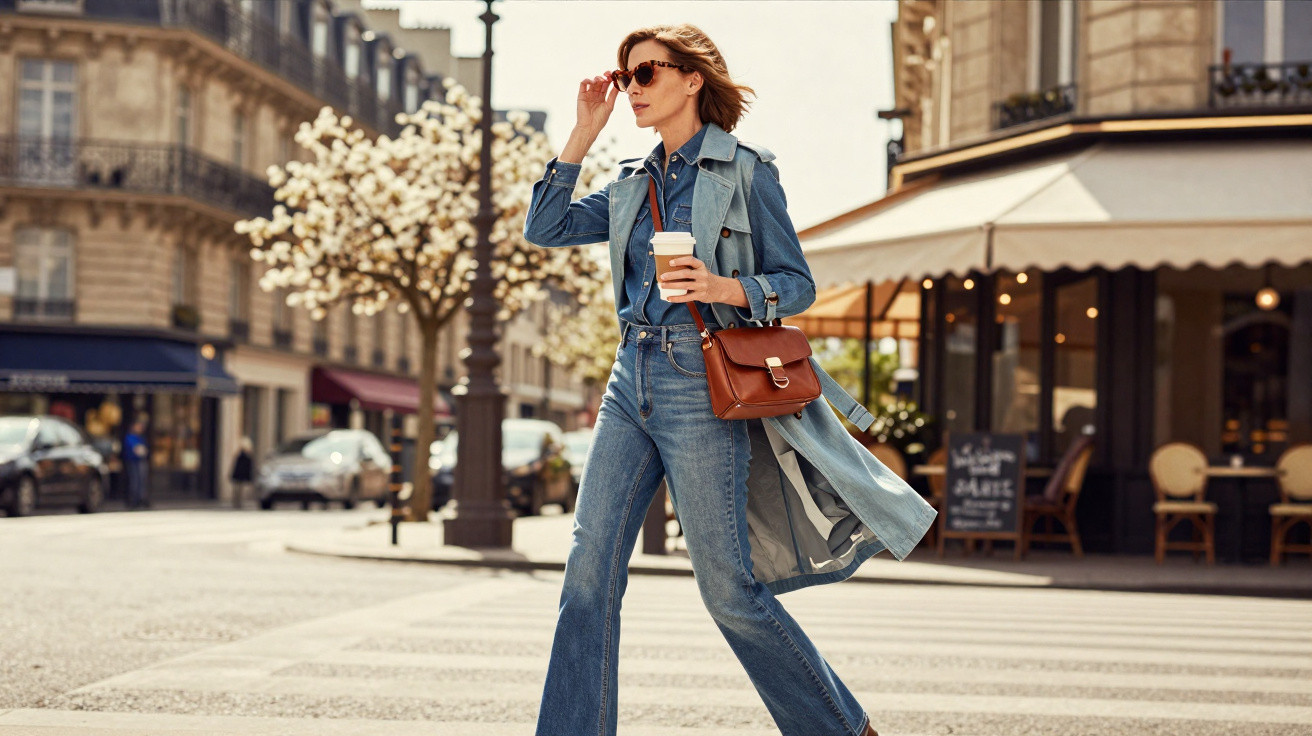 Frau mit langen Jeans und Trenchcoat überquert sonnige Straßenkreuzung mit Kaffee und Sonnenbrille