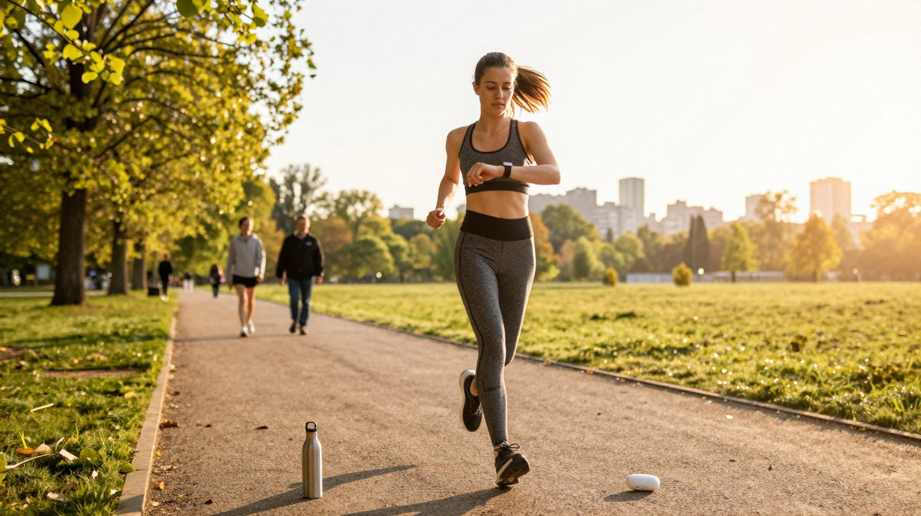 Junge Frau joggt in Sportkleidung im Park, schaut auf Fitnessuhr bei Sonnenuntergang.