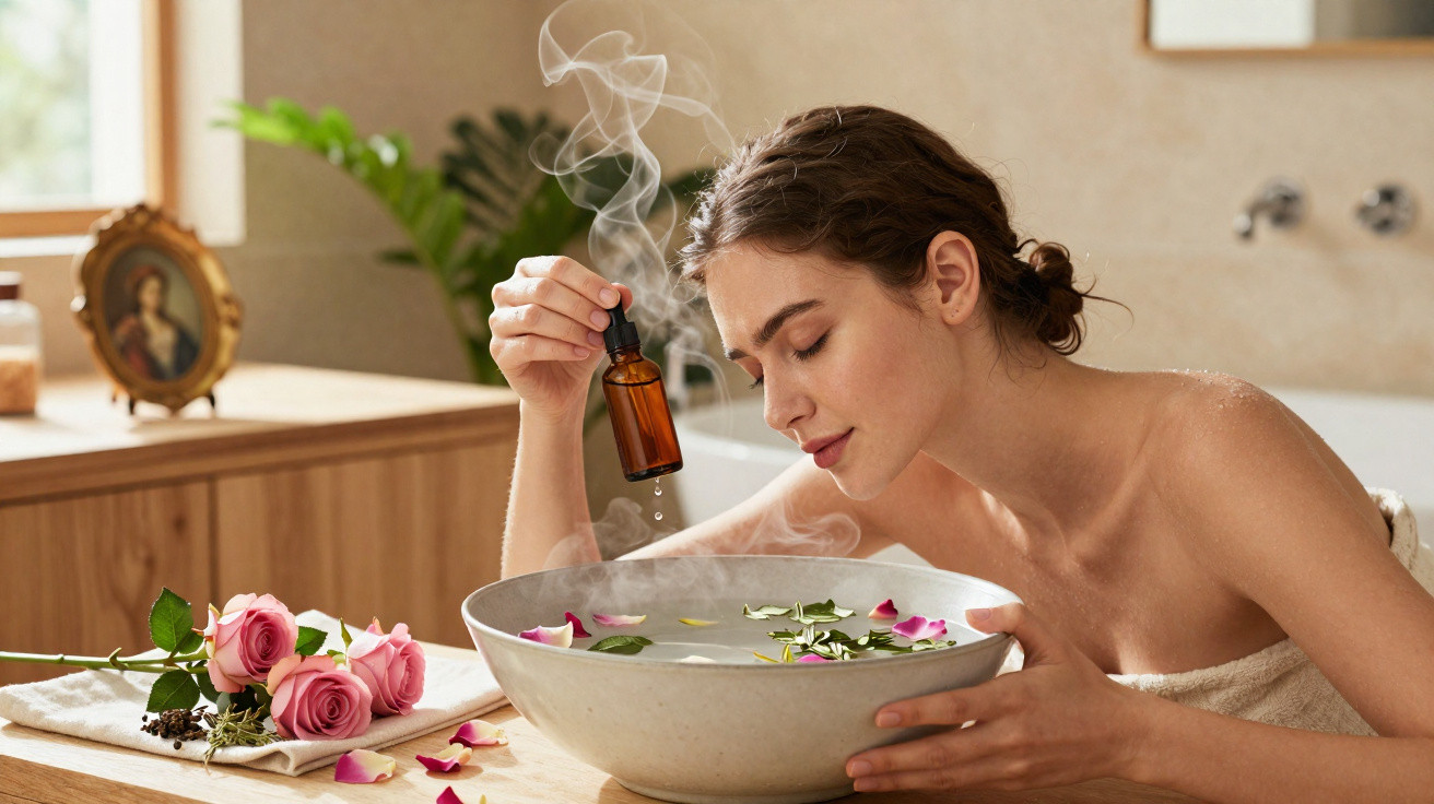 Frau entspannt sich mit aromatischem Öl über einem Dampfwasserbad, umgeben von Rosen und Blütenblättern.