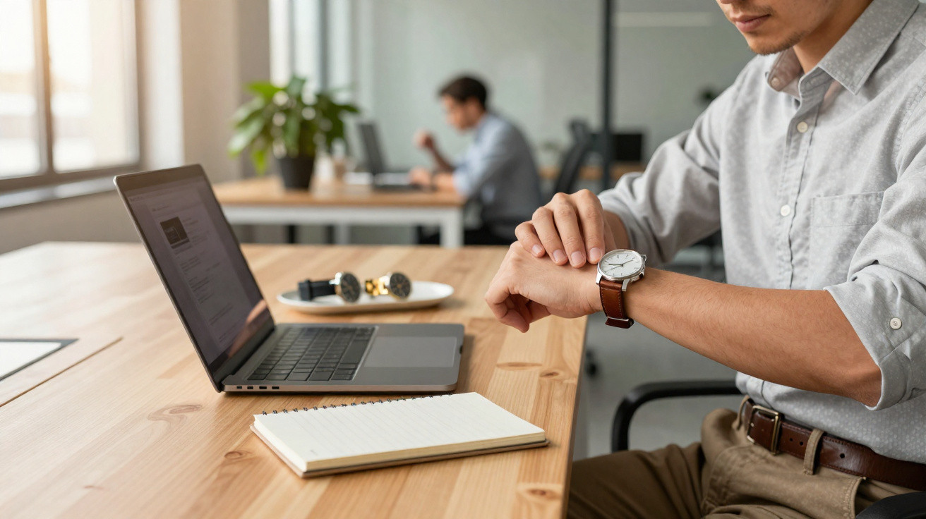 Mann im Büro schaut auf seine Uhr neben Laptop, Notizblock und mehreren Armbanduhren auf dem Tisch.