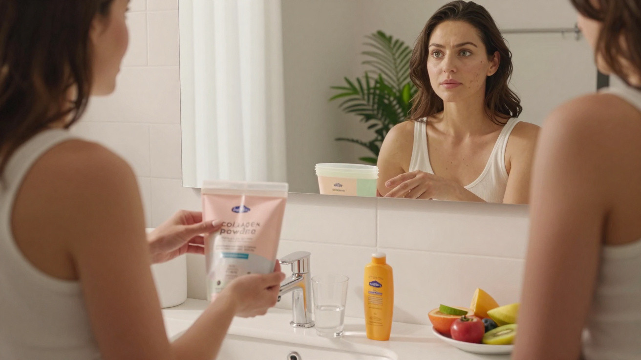 Frau sieht sich im Badspiegel an, hält Collagen Pulver, verschiedene Früchte und Pflegeprodukte auf Waschtisch.