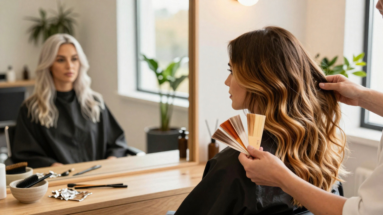 Friseurin zeigt Kundin vor Spiegel verschiedene Haarfarben für eine neue Styling-Entscheidung.