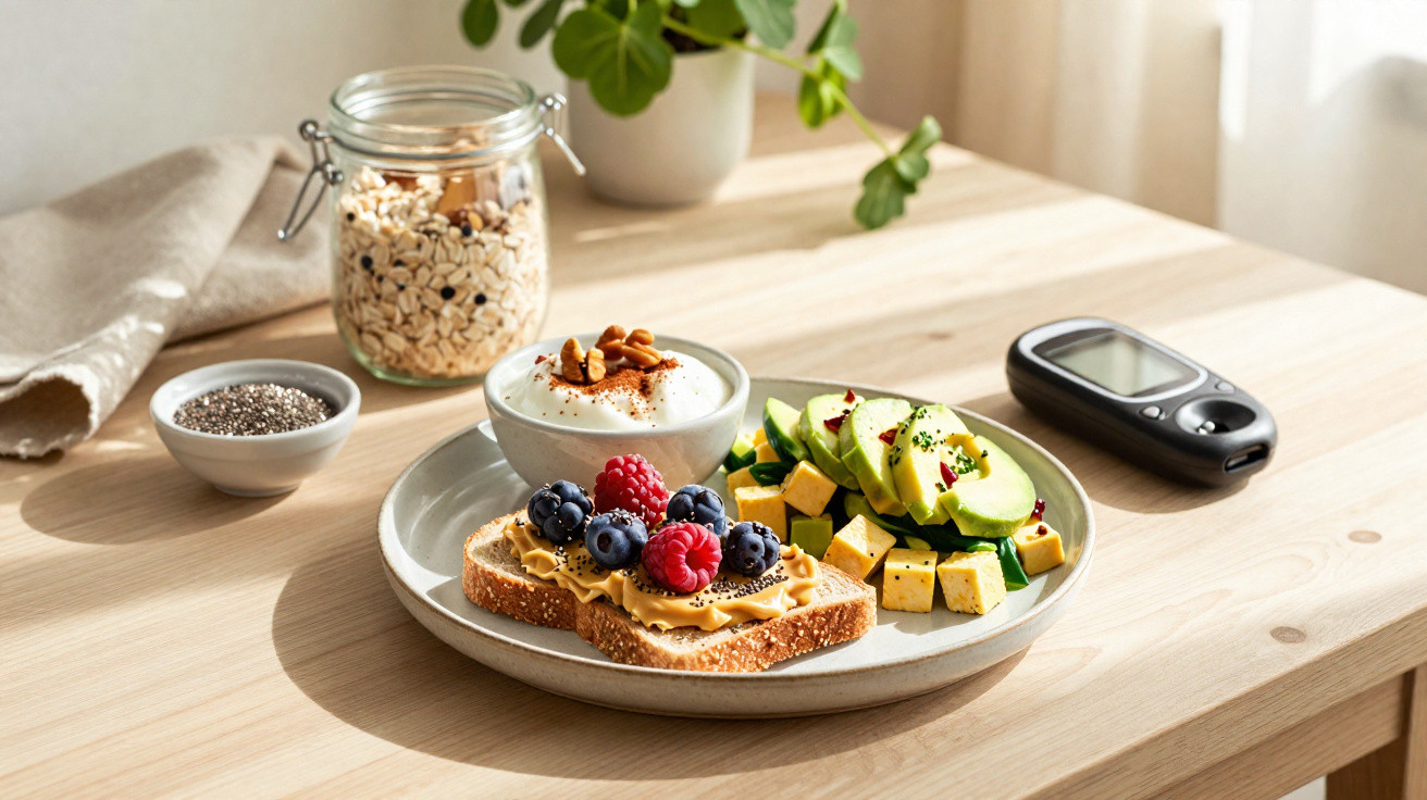 Teller mit gesundem Frühstück: Brot mit Erdnussbutter und Beeren, Joghurt mit Nüssen, Avocado und Käsewürfeln auf Holztisch.