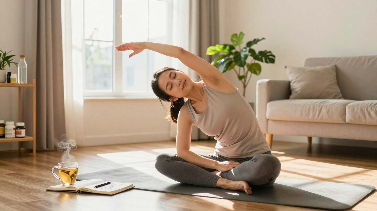 Frau macht Yoga-Dehnübung auf Matte im Wohnzimmer mit Tee, Notizbuch und Pflanzen im Hintergrund.