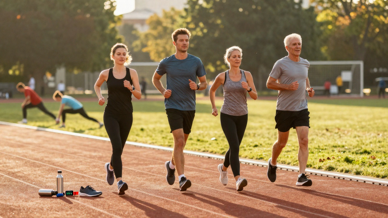 Vier Personen unterschiedlichen Alters joggen gemeinsam auf einer Laufbahn bei Sonnenlicht im Freien.