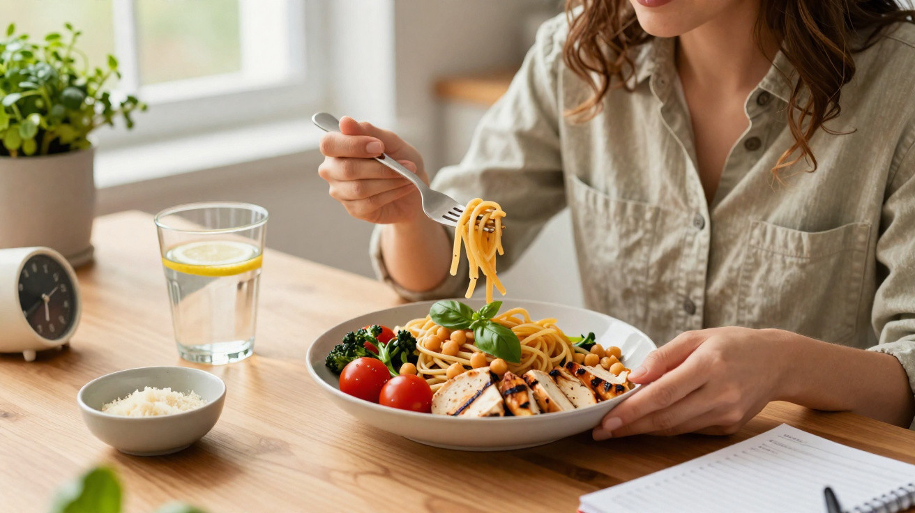 Frau isst Pasta mit gegrilltem Hähnchen, Kichererbsen und Gemüse an einem Tisch mit Wasser und Reis.