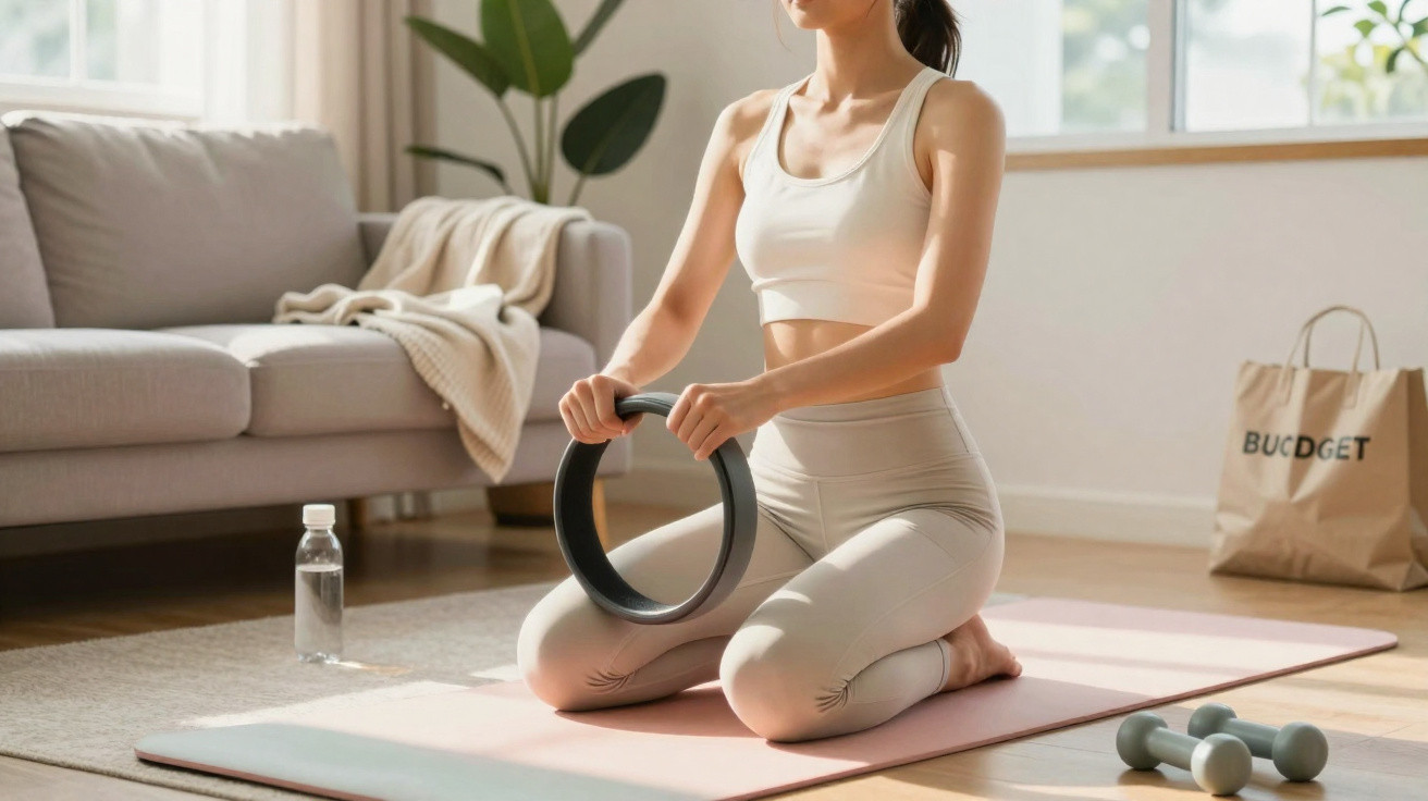 Frau in Sportkleidung kniet auf Yogamatte und hält Pilatesring im hellen Wohnzimmer.