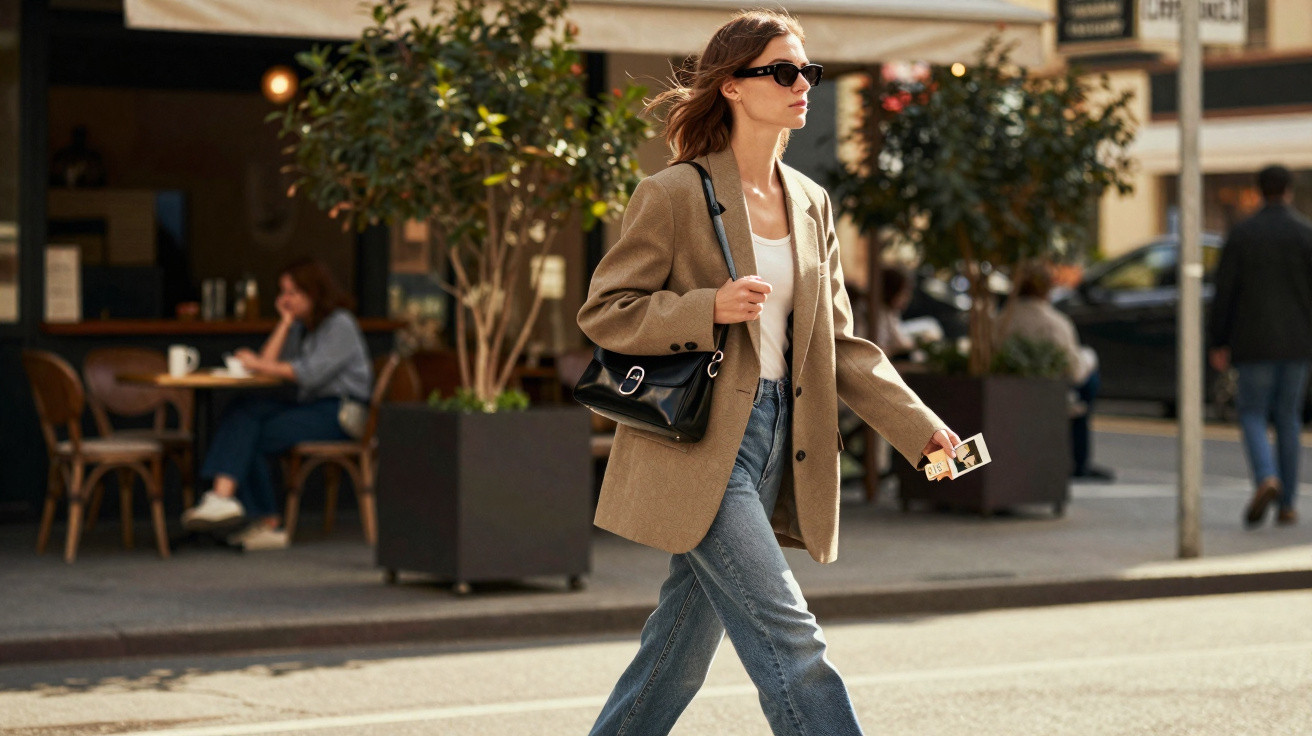 Frau mit Sonnenbrille, Blazer und Jeans überquert die Straße vor Café im Stadtbild bei Tageslicht.
