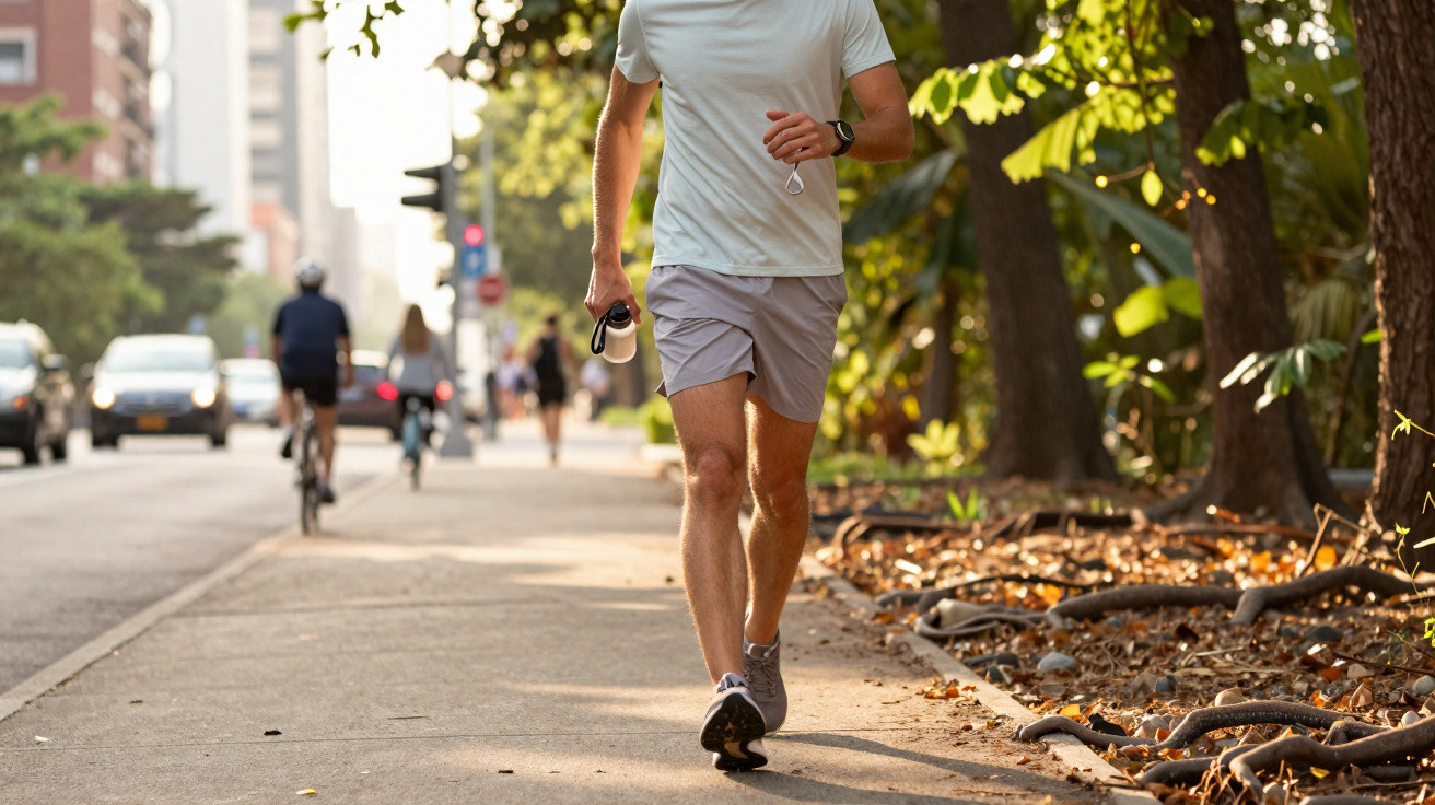 Mann joggt in Sportkleidung auf einem Baum gesäumten Bürgersteig in der Stadt bei Sonnenlicht.