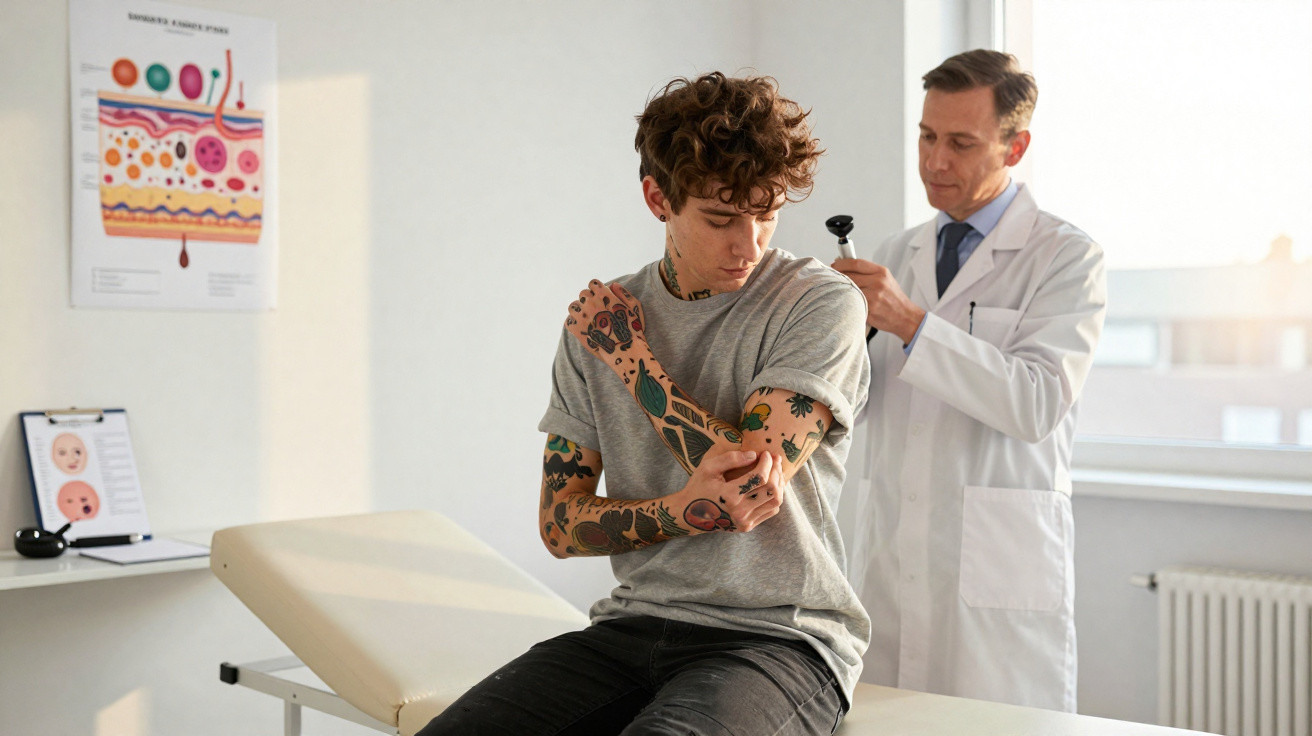 Arzt untersucht die mit Tattoos bedeckten Arme eines jungen Mannes in einer Praxis.