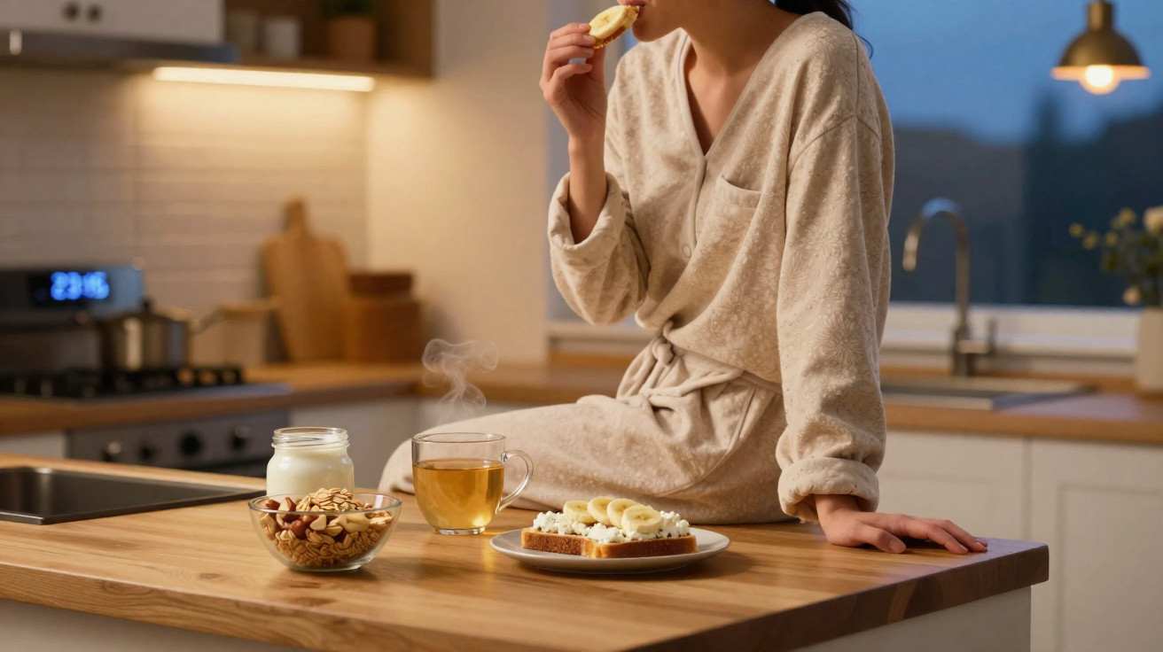 Frau in Bademantel isst Banane am Küchentresen mit Tee, Nüssen und Brot mit Bananenscheiben.