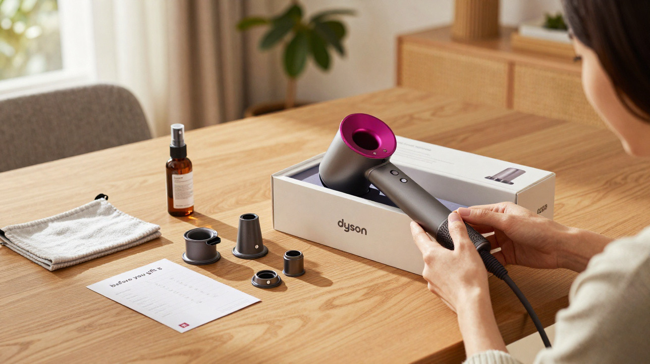 Person hält Dyson Supersonic Haartrockner, daneben Zubehör, Anleitung und Pflegeprodukte auf Holztisch.