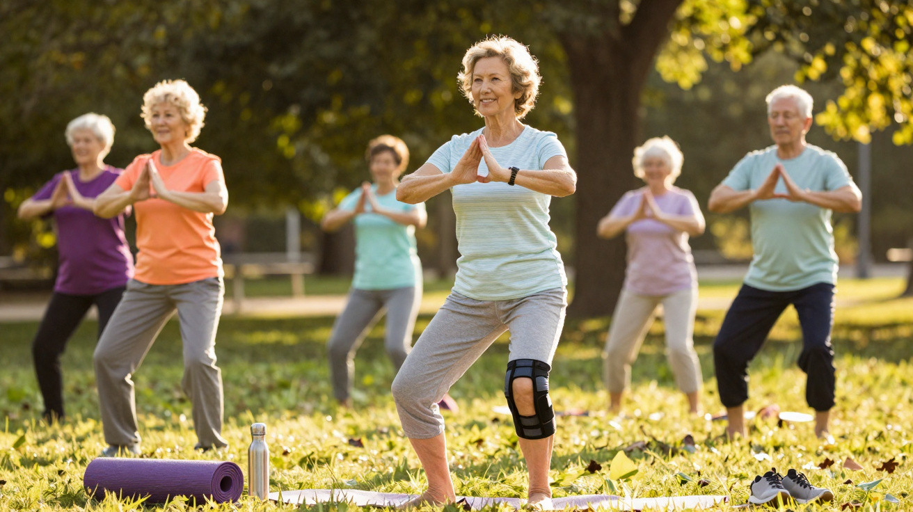 Senioren trainieren gemeinsam entspannt Yoga im sonnigen Park auf Yogamatten.