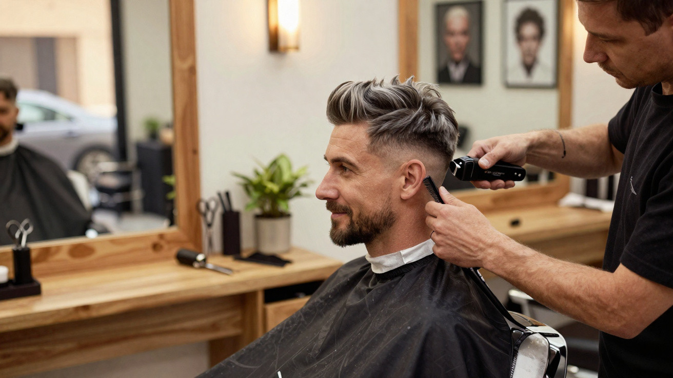 Mann bekommt im Friseursalon mit Haarschneider am Ohr einen modernen Haarschnitt.