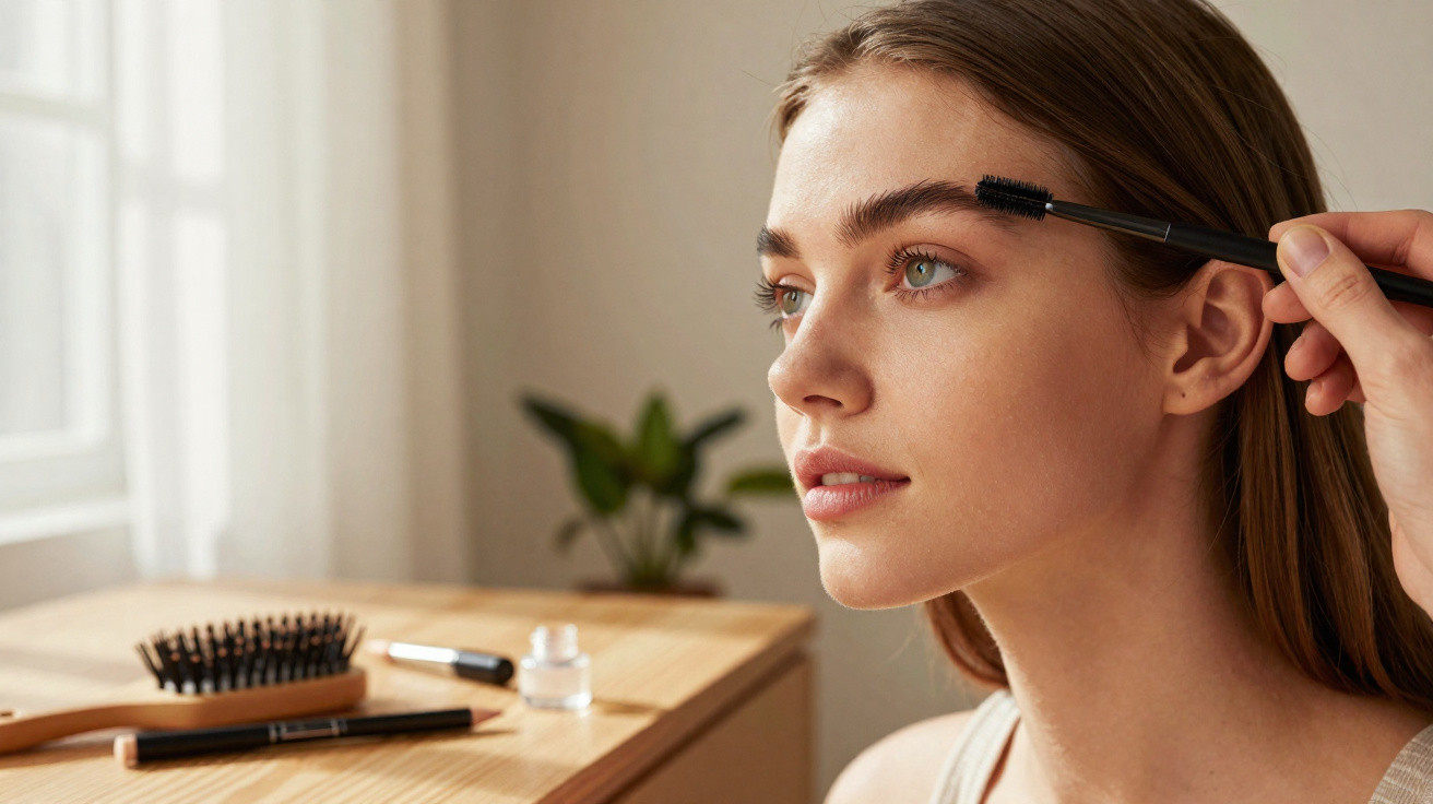 Junge Frau erhält Augenbrauen-Make-up, während sie neben einem Tisch mit Kosmetikartikeln sitzt.